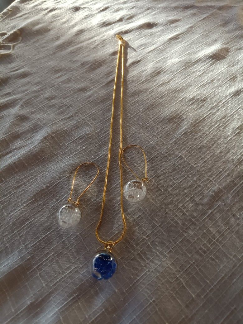 Brand New Glass Pendant Necklace and Earrings Set