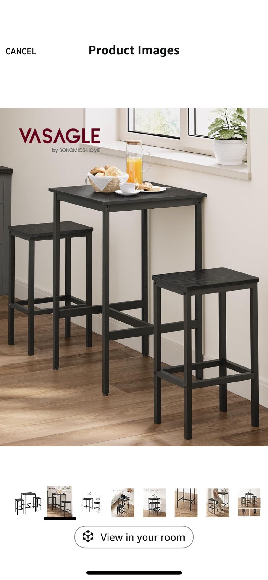 VASAGLE Bar Table and Chairs Set Square Table with 2 Stools - Black