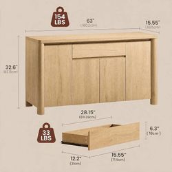 63" Sideboard Buffet Cabinet with Drawer, Wood Credenza Coffee Bar with Storage, 4 Doors, Adjustable Shelves, Rounded Legs, Soft Close Hinges for Kitc