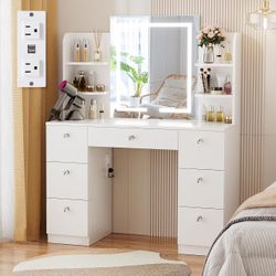 VOWNER Vanity with Lighted Mirror - Makeup Vanity Desk with 7 Drawers, 6 Shelves and Power Outlet, 3 Color Lighting Modes Adjustable Brightness, 44" V