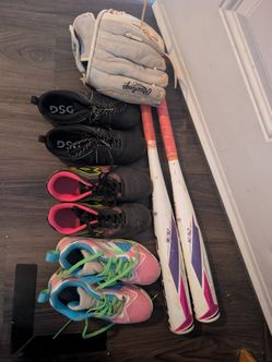Girls softball gear: glove, bats, cleats