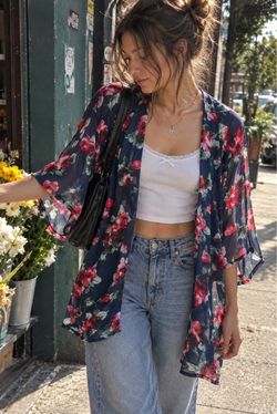 Ambiance Navy Blue Sheer Floral Rose Print Kimono Duster Cardigan Y2K Boho Size L