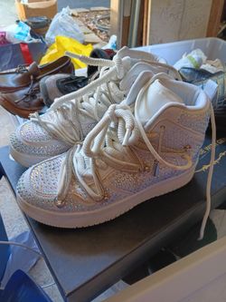 White Rhinestone High-Top Sneakers