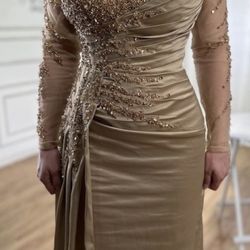 Gold Beaded Satin Dress With Side Tail 