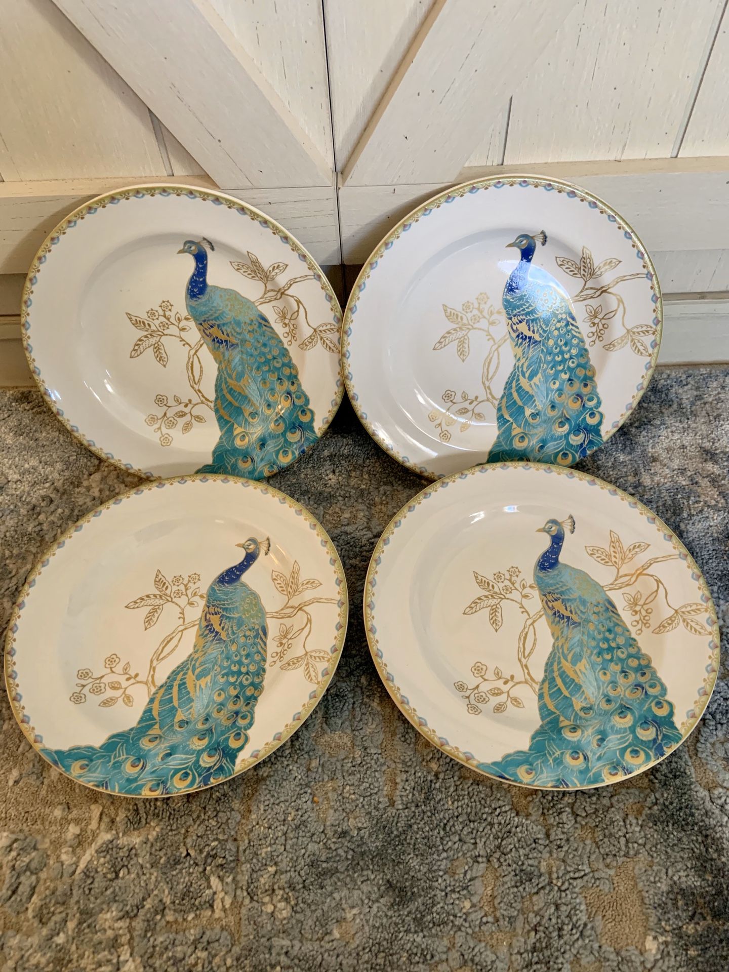 Four 222 Fifth PEACOCK GARDEN Appetizer Desert Plates EUC 6 3/8” Turquoise White