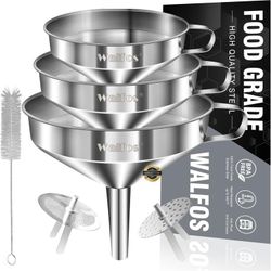 Stainless Steel Funnel, Walfos 3 Different Sizes of Kitchen funnels with 2 Removable Strainer ＆ 1Pcs Cleaning Brush, for Transferring of Liquid, Oils,