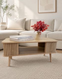 Wood Coffee Table with Storage, 2-Tier Modern Center Table, Rectangular Tea Tables for Living Room, Rounded Edges, Easy Assemble, Oak