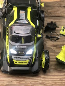 Ryobi lawn Mower20in 40 vote with 40V battery 40 V charger Ryobi leaf blower 40 vote bagger and mulch kit ALLfor $350