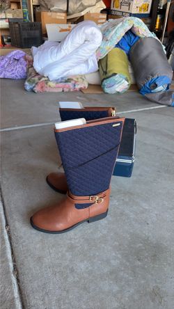 Tall Riding Boots Navy Quilted Brown Leather
