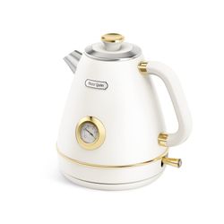 Hazel Quinn Retro Electric Kettle - 1.7 Liters / 57.5 Ounces Tea Kettle With Thermometer, All Stainless Steel, 1200 Watts Fast Boiling, BPA-Free, Cord