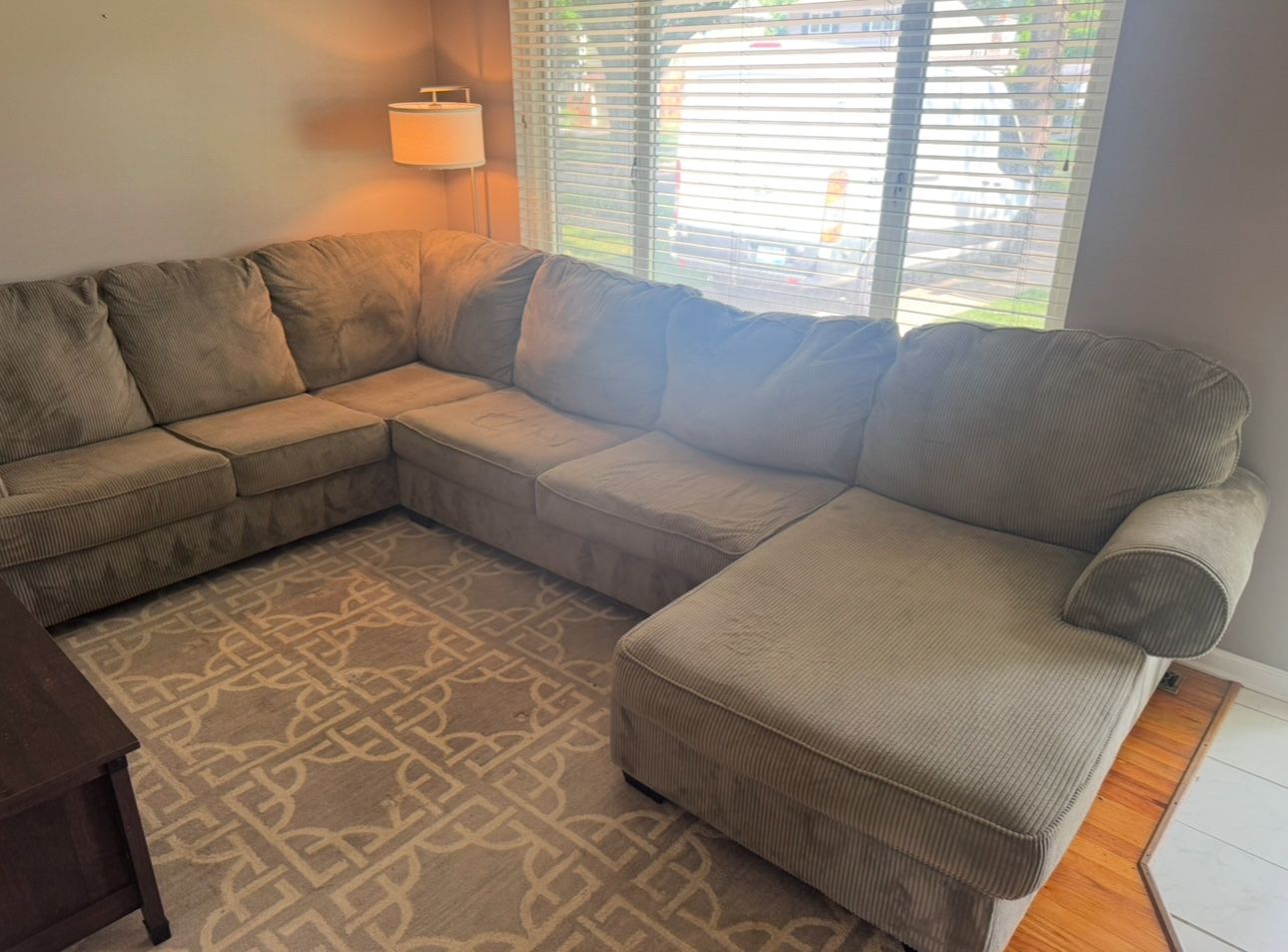 Corduroy, Gray, Plush Sectional U-Shaped Couch W Chaise