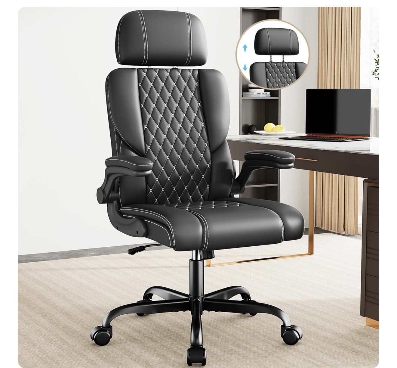 Sytas Executive Leather Office Chair, Comfy Desk Chair with Adjustable Headrest & Flip-up Padded Arms & Lumbar Support, Adjustable Hight and Tilt, Rol