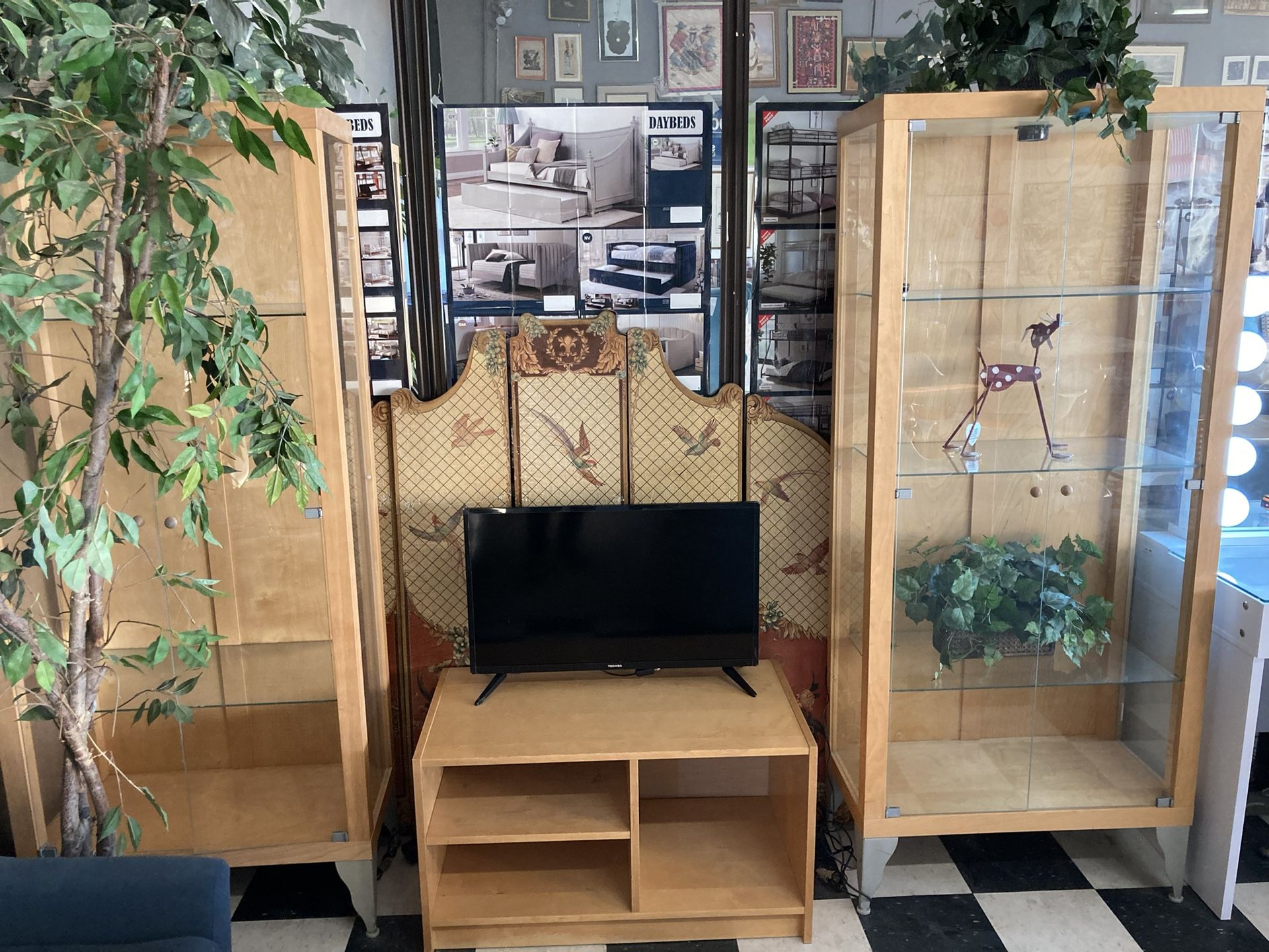 2 Lighted Curio Cabinets And Matching Console Table