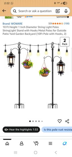10 Ft Height 1 Inch Diameter String Light Poles StringLight Stand with Hooks Metal Poles for Outside Patio Yard Garden Backvard (10Ft Pole with Hooks.