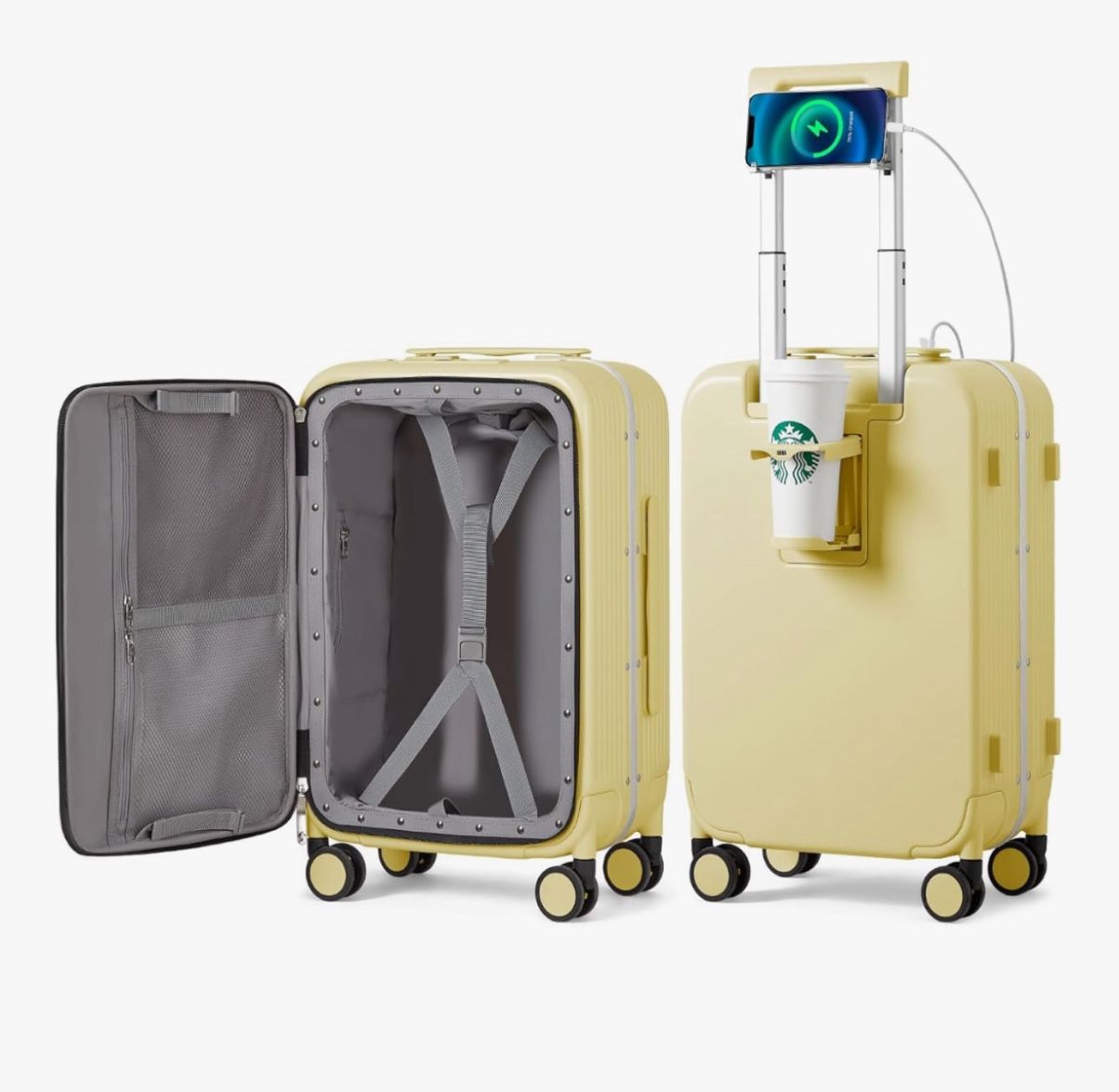 Luggage with Cup Phone Holder and Charger Hard Shell Suitcases