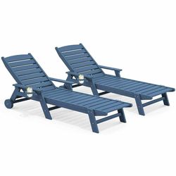 Patio Chaise Lounge Chair Set of 2, 78'' Long 5-Positions Adjustable HDPE Outdoor Lounger for Pool, Poly Lounge Chair with Rolling Wheels & Cup Holder