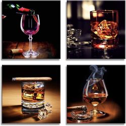 kitchen Decorations Coffee Decor Wine Cup Cigar Pictures Canvas Art Home Decor Framed Art Ready to Hang - 4 Panels 