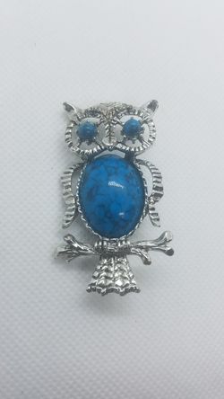 Vintage Brooch Owl in Silver Turquiose Tone