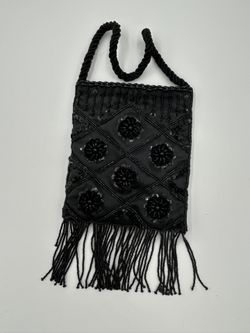 Sasha Of New York, Black Beaded Satin Purse With Bead Handle And Bead Fringe