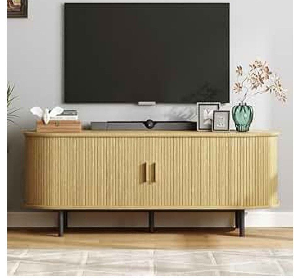 TV Stand with Power Outlet for TVs up to 60 Inch, Entertainment Center with Storage and Adjustable Shelves, Modern Media Console with Sliding Doors fo