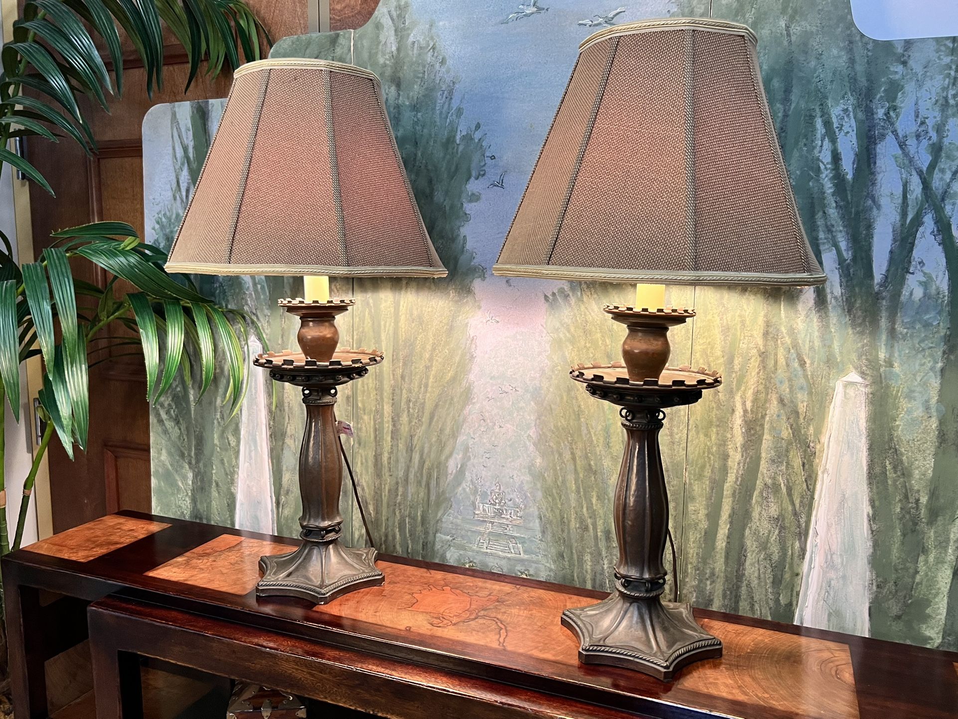 Pair of Antique Bronze Metal Lamps (Heavy) 28”