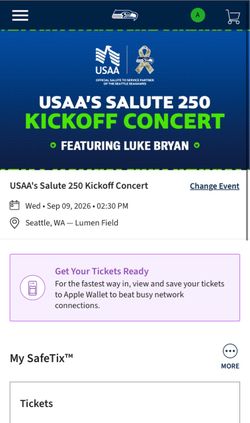 Tickets for Luke Bryan Pregame Concert for Seahawks vs Patriots (9/9 230pm)