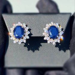 14k solid white gold 1.5CTW Natural Diamond 3CTW Sapphire stone Princess Diana flower stud earrings