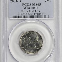 2004-D Wisconsin State Quarter 25c PCGS MS65, EXTRA LEAF LOW Variety 