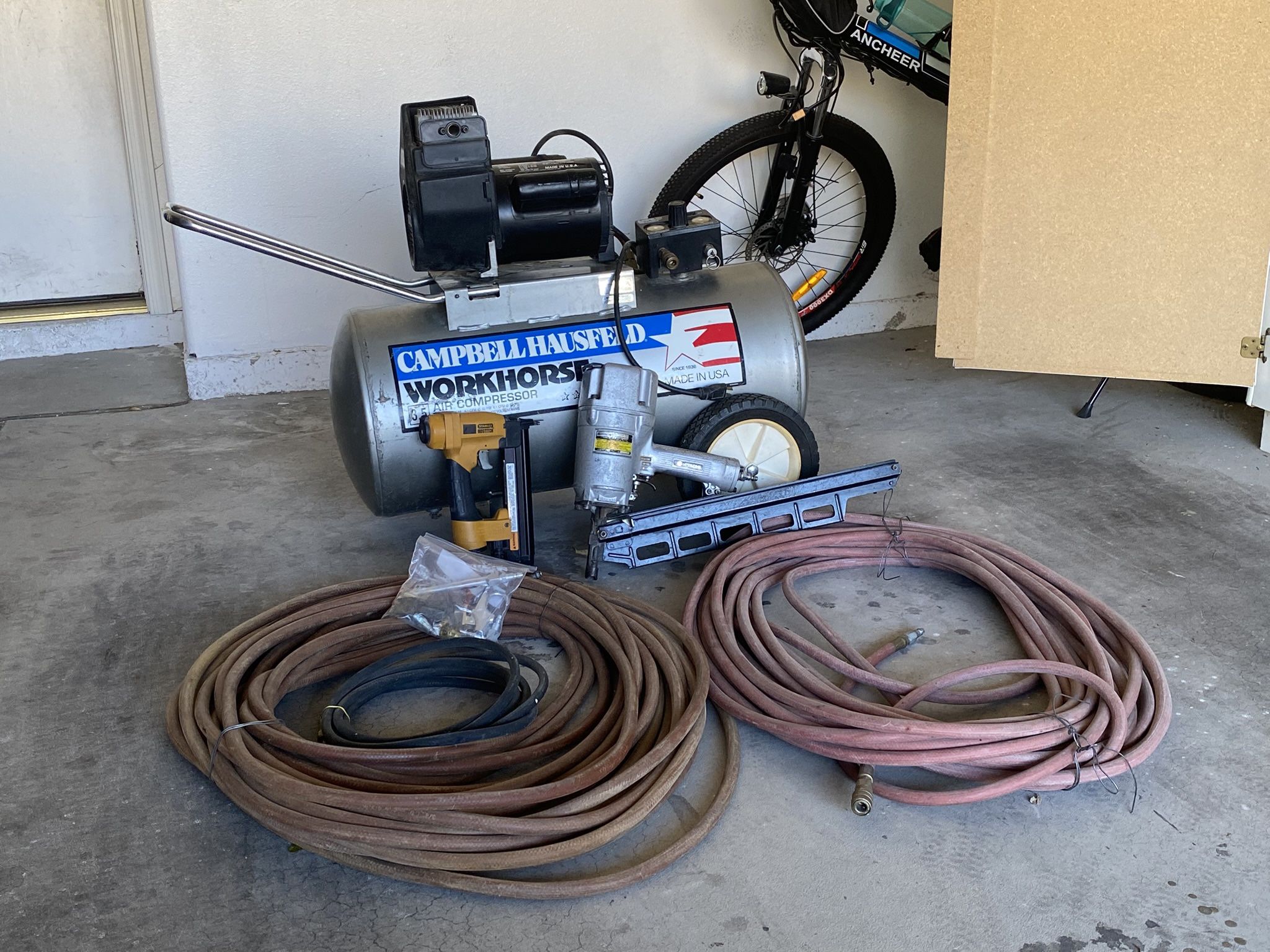 Compressor, 200’ hose, 16d nail gun, finish nail gun
