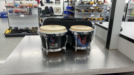 LP Aspire Santana Abraxas Bongos featuring iconic artwork from Santana's Abraxas album paired with a black padded carrying case