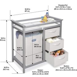 Modern Baby Changing Table - Portable Diaper Station with 3 Drawers Pad & Hamper - Storage Organizer for Baby Diapers & Toys - Gray/White