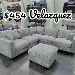 ✅️✅️ 4pc dark Grey corduroy fabric sectional sofa with rounded arms and ottoman ✅️✅️