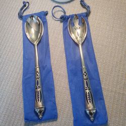 Vintage Silver Plate Salad Serving Set With Cobalt Blue Insert