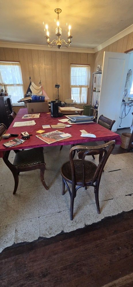 Dining Table, Fabric Couch, Leather recliner, Chair
