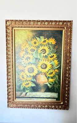 Vibrant Signed Oil Painting Sunflowers in Ornate Gilded Frame