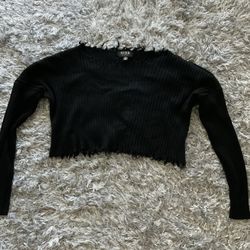 Off The Shoulder Fringe Black Cropped Sweater 