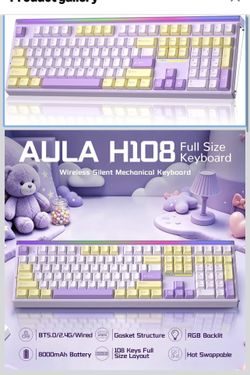 Aula H108 Wireless Silent Mechanical Keyboard with Number Pad Hot Swappable Full Size Keyboard with Gasket Structure, RGB Backlit Light Box, Computer