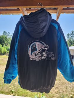 Logo Athletic Pro Line Carolina Panthers NFL Jacket  Hooded Full Zip Size XL . Worn once. Heavy Weighted jacket. The hood zips off. The front had a zi