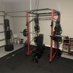 Home Gym Set ALL BRAND NEW  CAGE, 245 lbs Rubber Plates, Bench, Olympic Barbell, Ez Bar and Clips