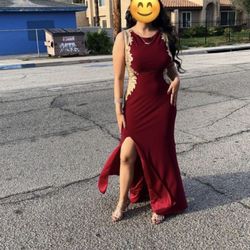 Burgundy and gold prom dress