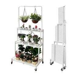 White Metal Plant Stand with Hanging Bar on Wheels