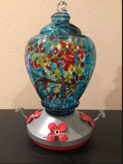 Hummingbird Feeder with Perch - Hand Blown Glass - Blue - 32 Fluid Ounces