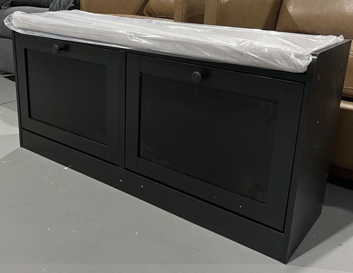🥨Modern Shoe Rack Bench for Entryway, Storage Organizer with Cushion, 2 Drawers, Adjustable Shelf, Holds 8 Pairs, Black,43”W×21”H×12”D