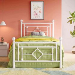 14 Inch Twin Size Metal Platform Bed Frame, Vintage Victorian Style, Wrought Iron Headboard and Footboard/Mattress Foundation for Storage/No Box Sprin