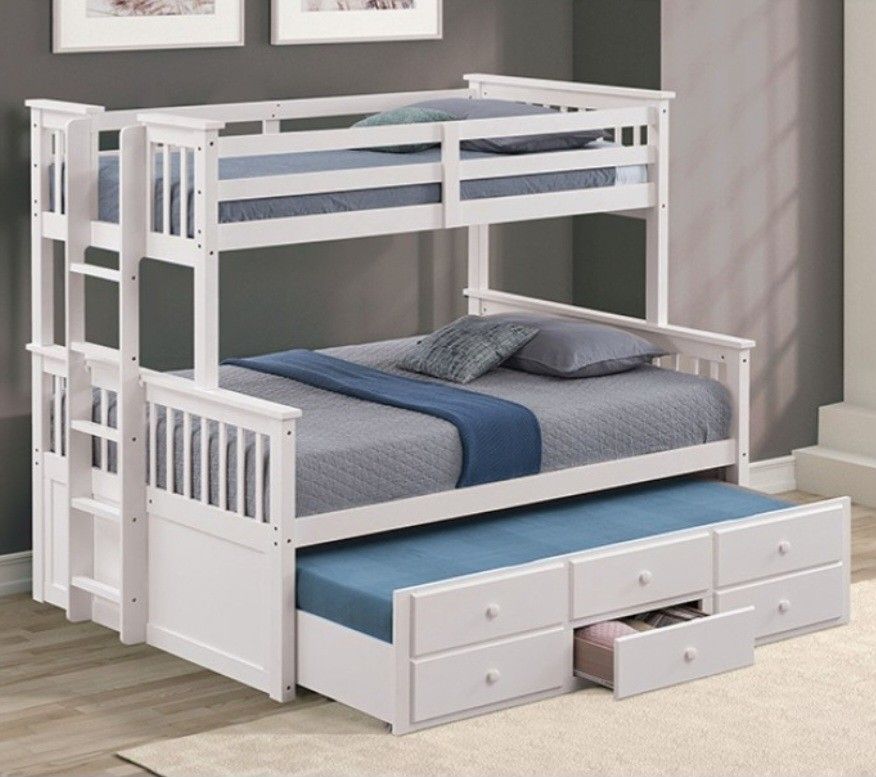 Brand New White Twin Over Full Bunk Bed w Trundle Bed + Drawers 
