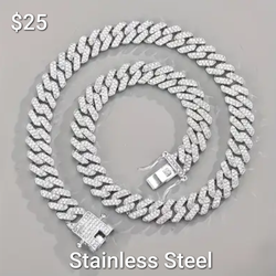 Stainless Steel Rhinestone covered Cuban chain