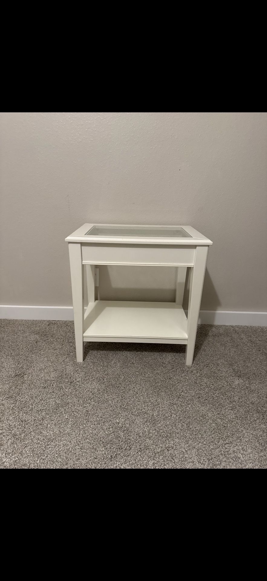 White Wood Nightstand / Side Table With Glass 