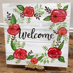 Wooden Floral Welcome Sign with Floral Easel 14in x 14in