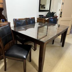 Dark Wood Dining Table with Extension Leaf, Glass Top and 4 Chairs