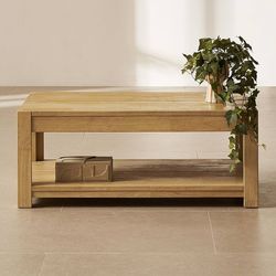 mopio Logan Solid Wood 2-Tier Rectangle Coffee Table, Modern Farmhouse Solid Rubberwood with Light Wire Brush L Shaped Leg Joint